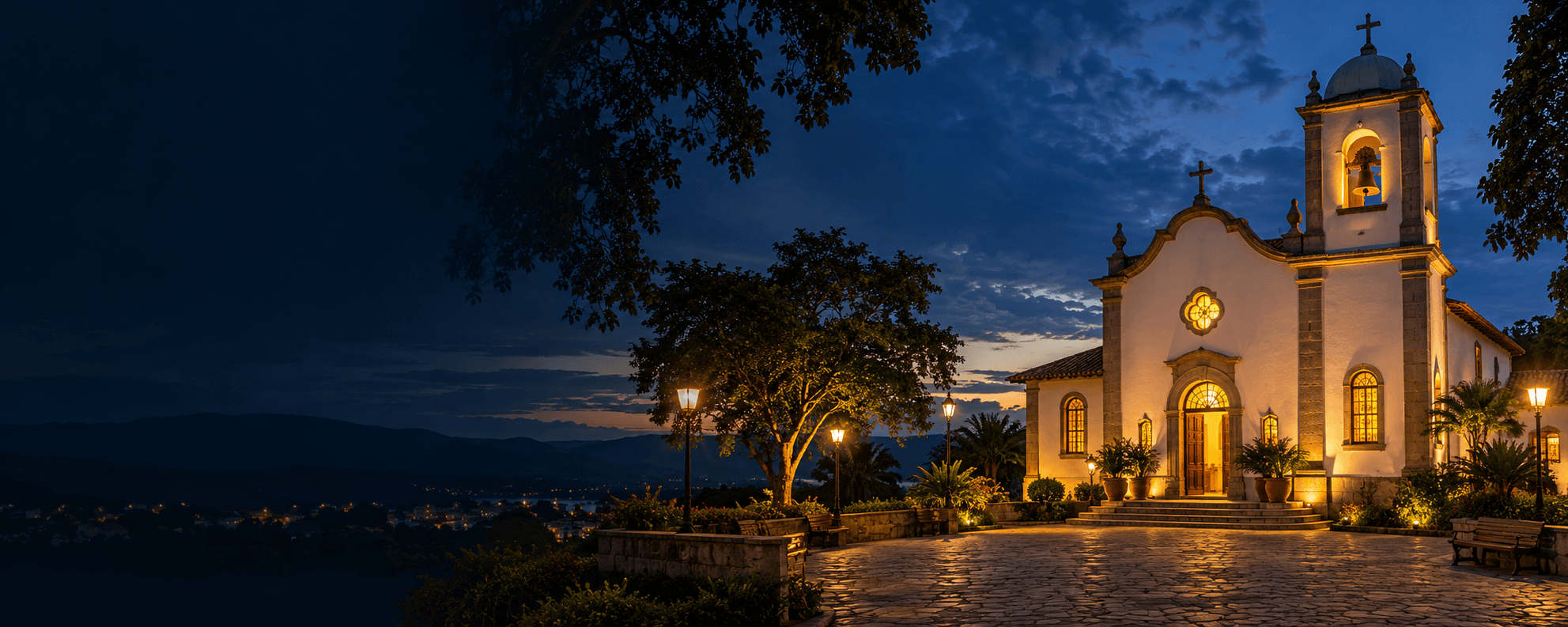Igreja católica iluminada ao entardecer